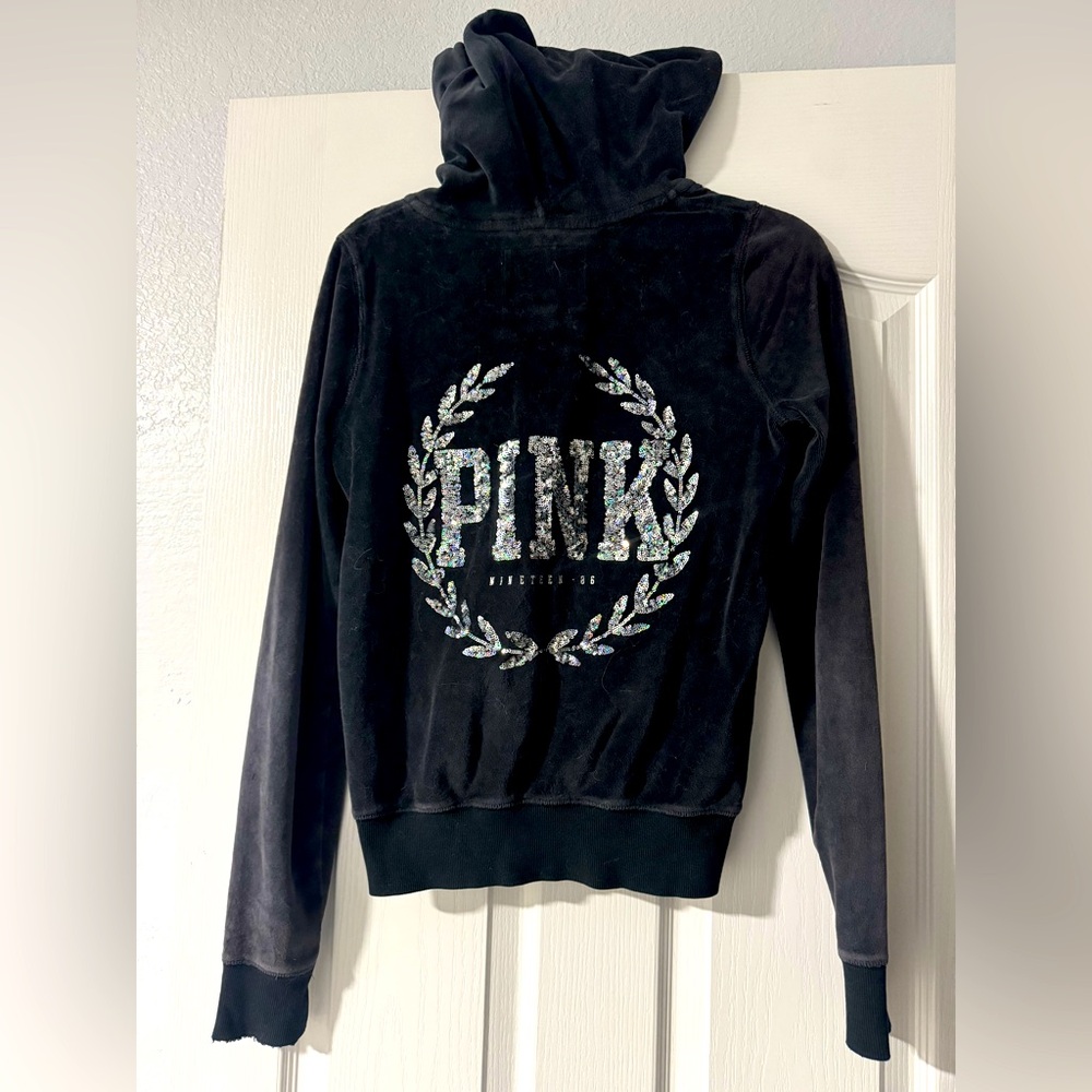 PINK by Victorias Secret Velor Full Zip Hoodie in Black with Sequins